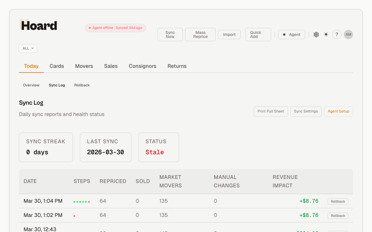 Hoard inventory with card images and market prices