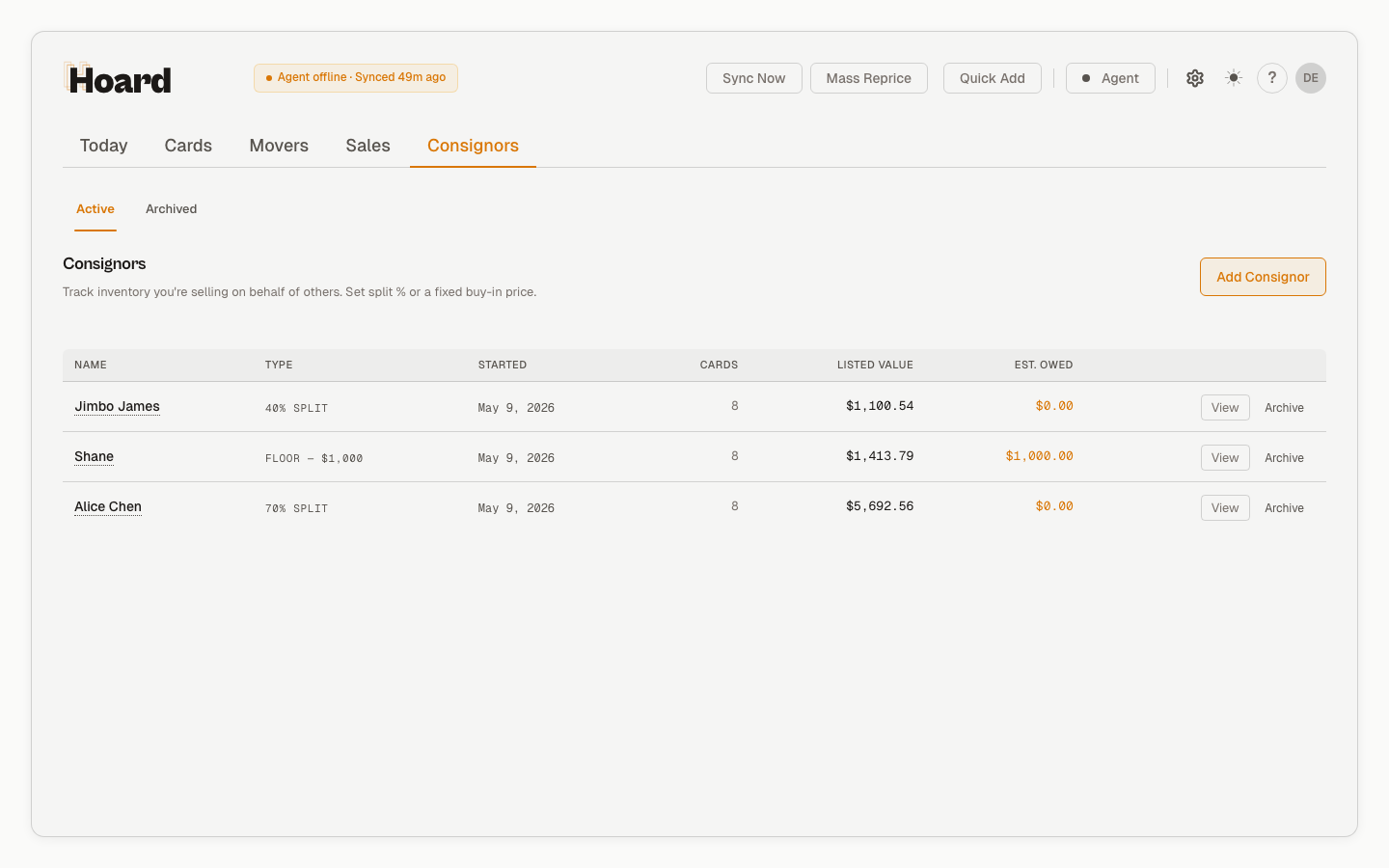 Hoard consignors dashboard showing assigned card counts, listed values, split models, and estimated owed balances