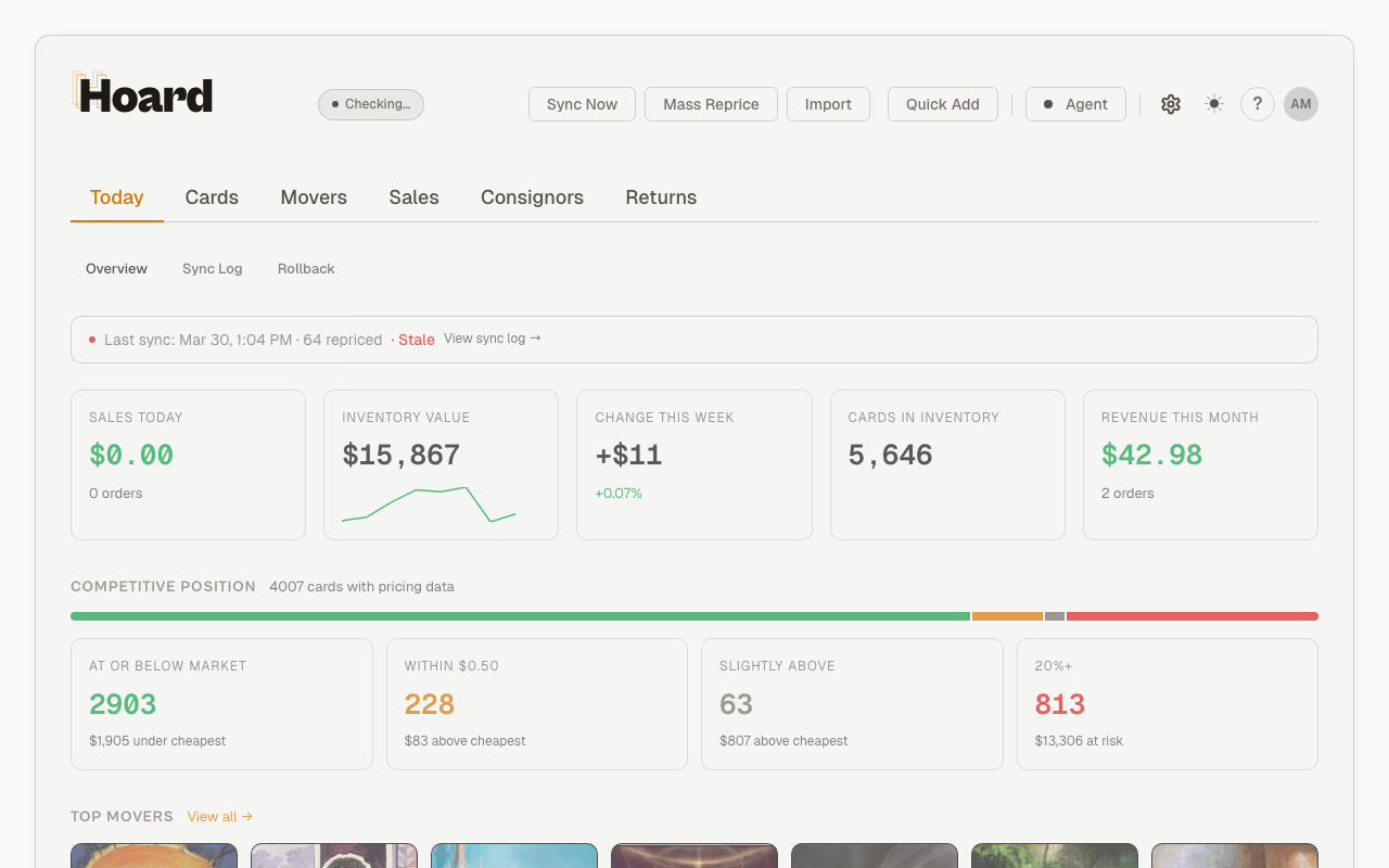 Hoard Today dashboard showing inventory value, weekly change, competitive position, and the agent indicator in the toolbar