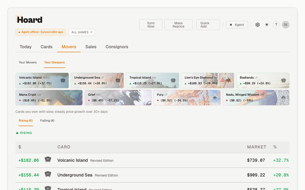 Hoard Sleepers tab showing cards with steady thirty-day price growth and decline
