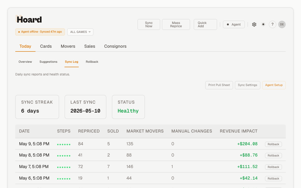 Hoard sync log showing automated price updates