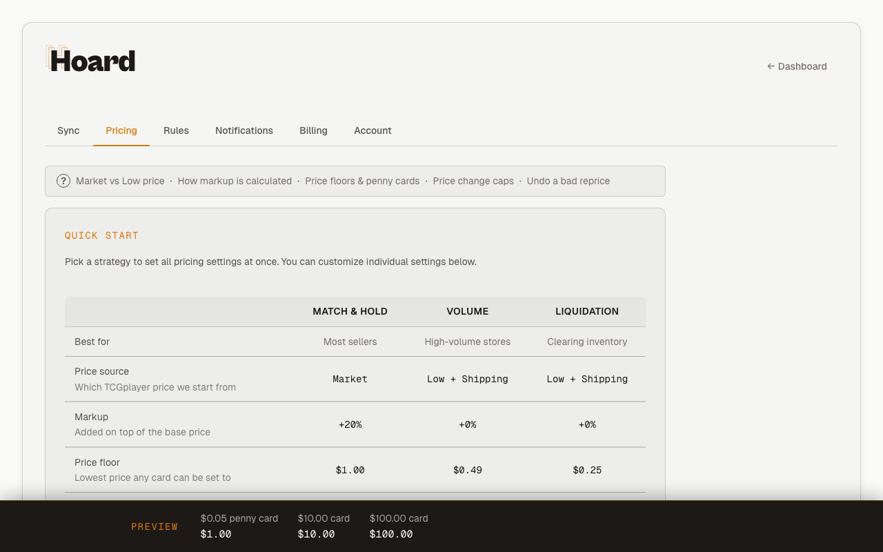 Hoard settings page showing sync frequency and pricing strategy options